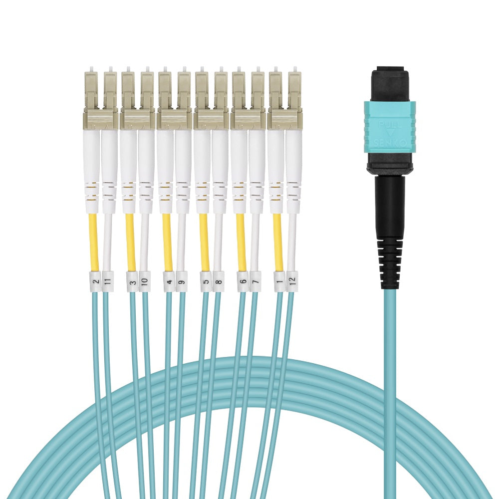 MPO OM4 to 12-Fiber to 6-LC Duplex Breakout Aqua OFNR MPO OM4 to 12-Fiber to 6-LC Duplex Breakout Aqua OFNR